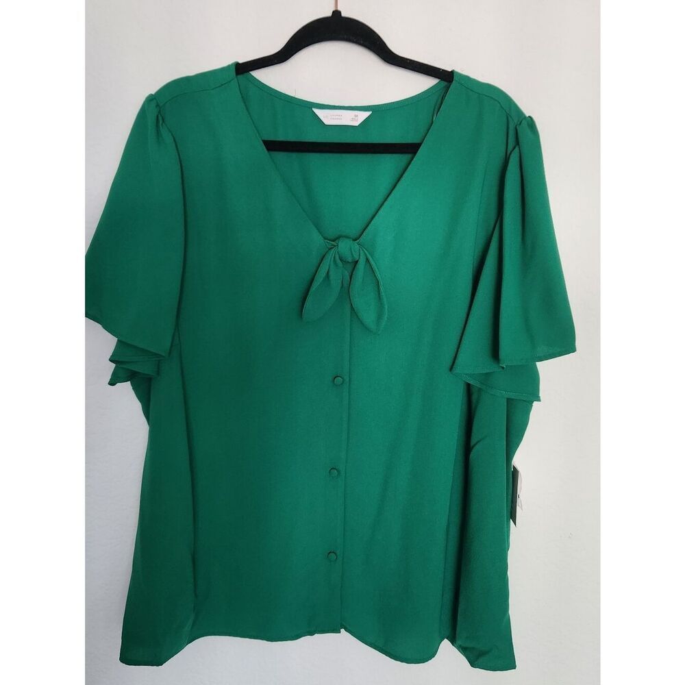LC Lauren Conrad Womens Plus Green Button Front Tie Neck Blouse Size 3X